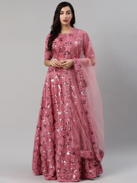 

SHUBHKALA Dusty Pink Sequinned Semi-Stitched Lehenga & Blouse with Dupatta