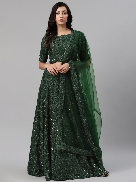 

SHUBHKALA Green Sequinned Semi-Stitched Lehenga & Blouse with Dupatta