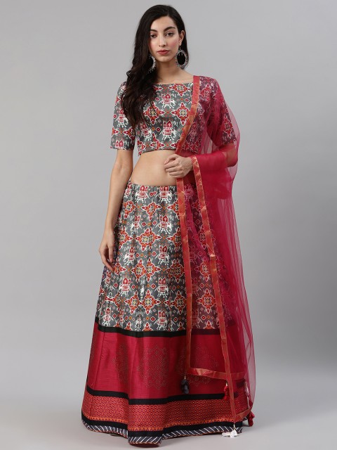 

SHUBHKALA Grey & Red Printed Semi-Stitched Lehenga & Unstitched Blouse with Dupatta