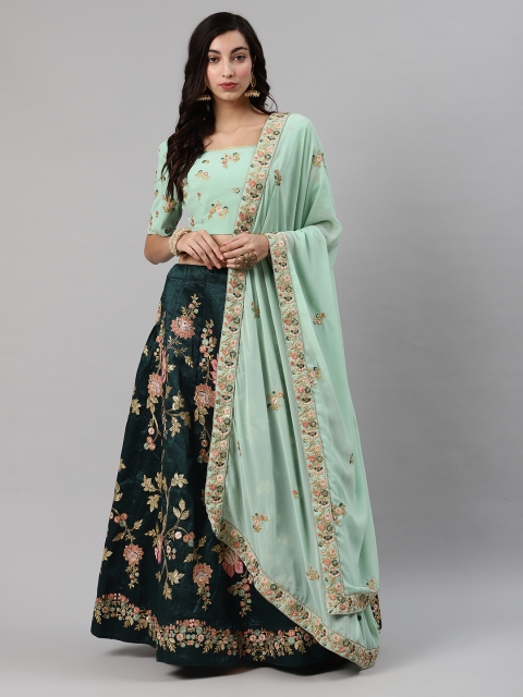 

SHUBHKALA Green & Gold-Toned Embroidered Semi-Stitched Lehenga & Unstitched Blouse with Dupatta