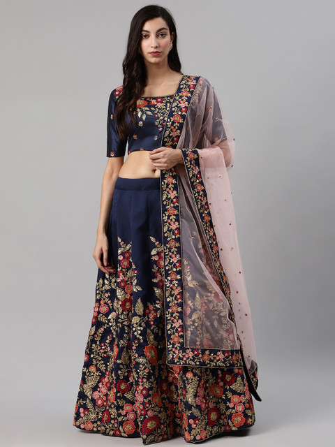 

SHUBHKALA Navy Blue Embroidered Semi-Stitched Lehenga & Unstitched Blouse with Dupatta