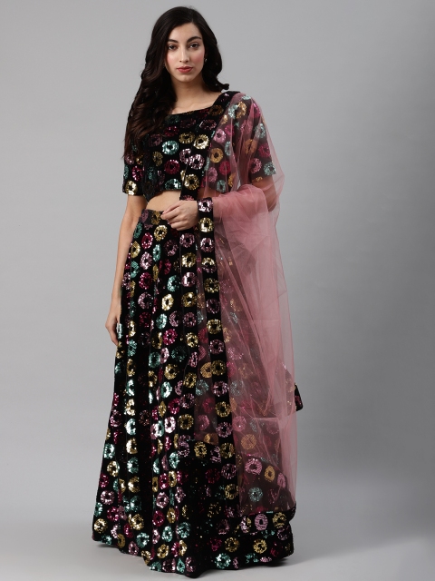 

SHUBHKALA Black Embroidered Semi-Stitched Lehenga & Unstitched Blouse with Dupatta