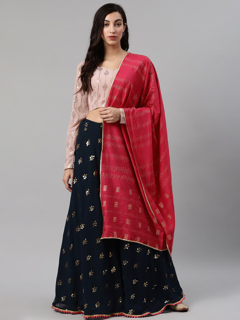 

SHUBHKALA Navy Mukaish-Work Semi-Stitched Lehenga & Unstitched Blouse with Dupatta, Navy blue