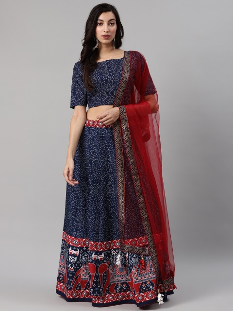 

SHUBHKALA Navy Blue & White Printed Semi-Stitched Lehenga & Unstitched Blouse with Dupatta