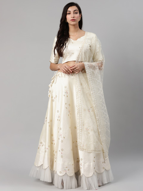 

SHUBHKALA Off-White & Gold-Toned Embroidered Semi-Stitched Lehenga & Unstitched Blouse with Dupatta