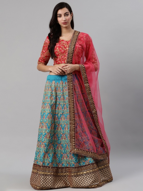 

SHUBHKALA Red & Blue Embroidered Semi-Stitched Lehenga & Unstitched Blouse with Dupatta