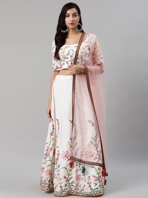 

SHUBHKALA White & Green Embroidered Semi-Stitched Lehenga & Unstitched Blouse with Dupatta