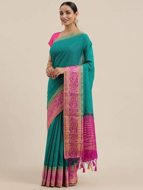 

MIMOSA Sea Green Linen Blend Solid Kanjeevaram Saree