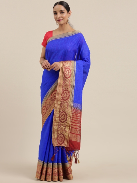 

MIMOSA Blue & Beige Solid Kanjeevaram Saree