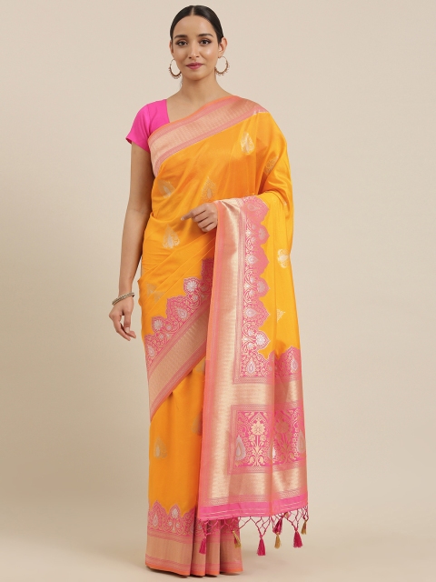 

MIMOSA Gold-Toned & Pink Art Silk Woven Design Kanjeevaram Saree