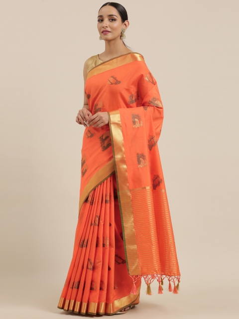 

MIMOSA Orange & Gold-Toned Art Silk Woven Design Kanjeevaram Saree