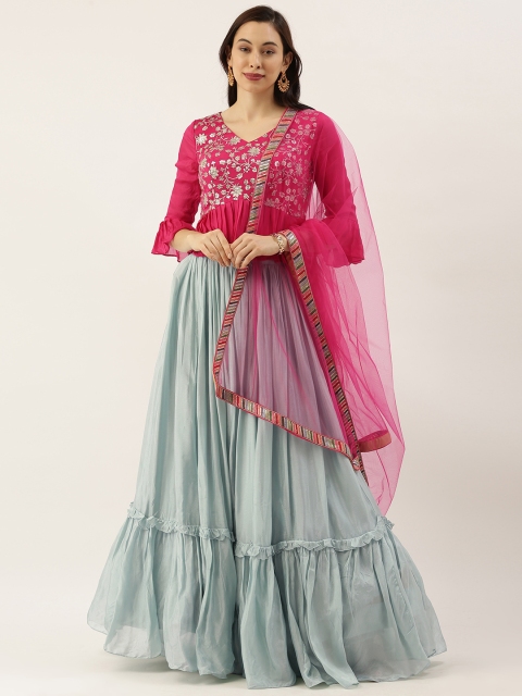 

EthnoVogue Pink & Blue Embroidered Unstitched Lehenga & Made to Measure Blouse with Dupatta