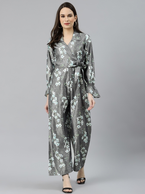 

Jompers Women Grey & Blue Printed Wrap Basic Jumpsuit with Waist Tie-Up