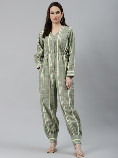 

Jompers Women Green & Cream Striped V-Neck Basic Jumpsuit