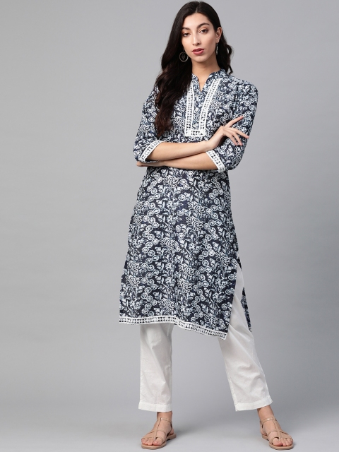 

Jompers Women Navy Blue & Off White Ethnic Motifs Printed Kurta