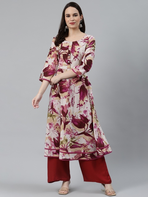 

Jompers Women Off White & Magenta Pure Cotton Floral Printed Floral Kurta