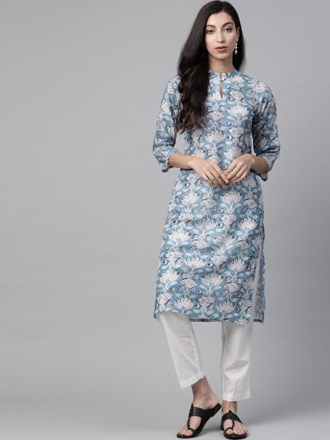 

Jompers Women Blue & White Ethnic Motifs Printed Keyhole Neck Kurta