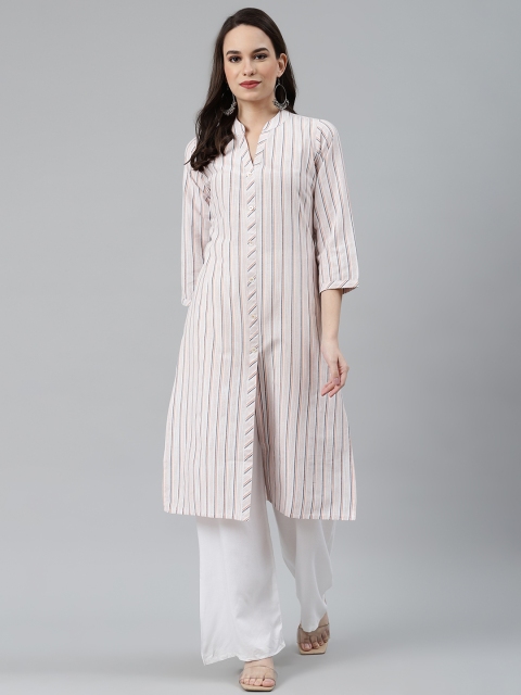 

Jompers Women White & Orange Striped Straight Kurta