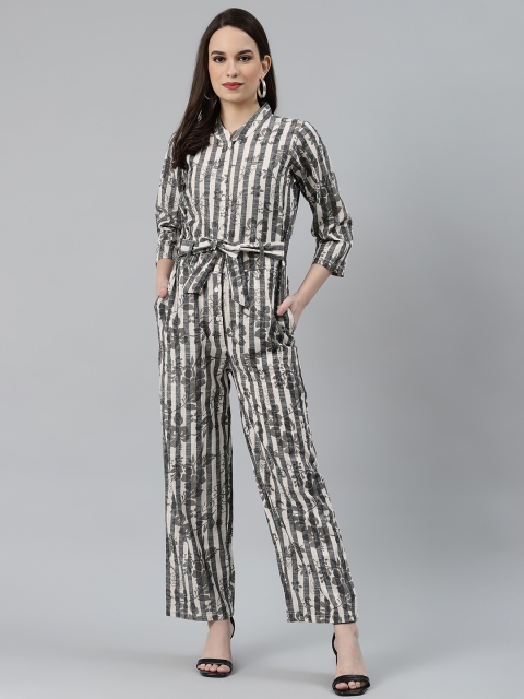 

Jompers Women Black & Off-White Striped Basic Jumpsuit with Waist-tie up
