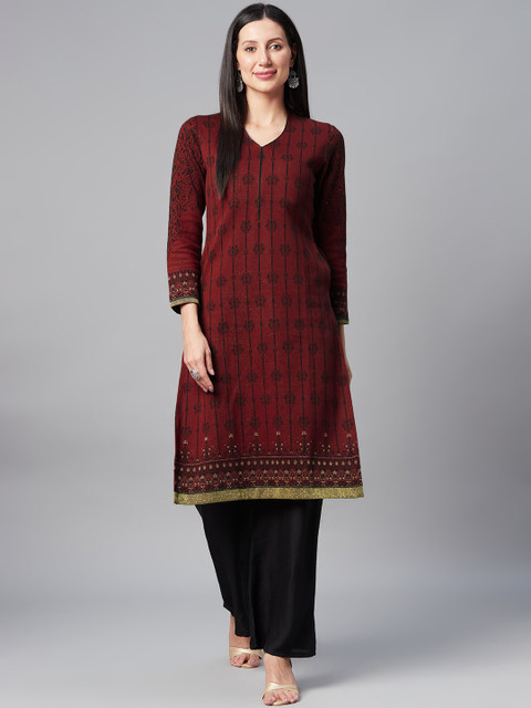 

Biba Women Maroon & Black Ethnic Motifs Printed Winter Kurta