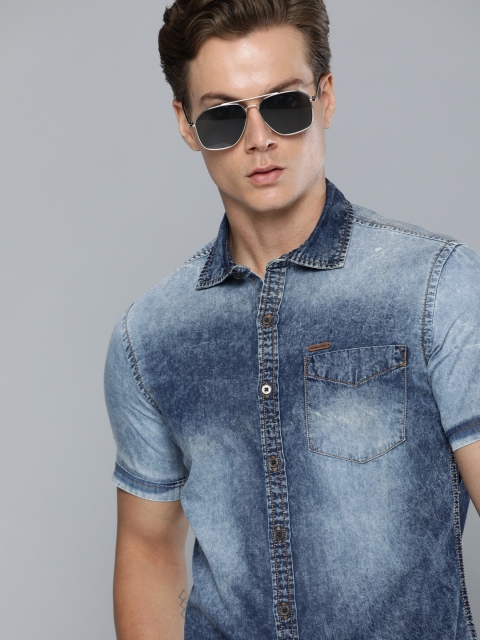 

American Bull Men Blue Slim Fit Solid Casual Shirt