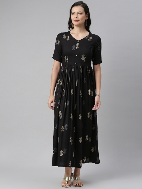 

Swishchick Women Black & Beige Printed Gathered Fit and Flare Dress