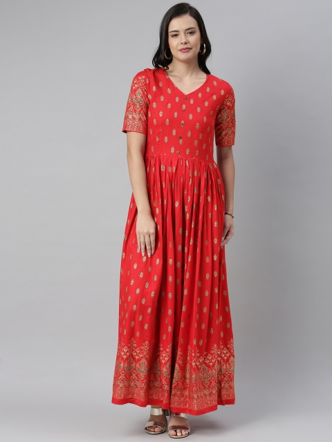 

Swishchick Women Red & Golden Foil Printed Gathered Fit and Flare Dress