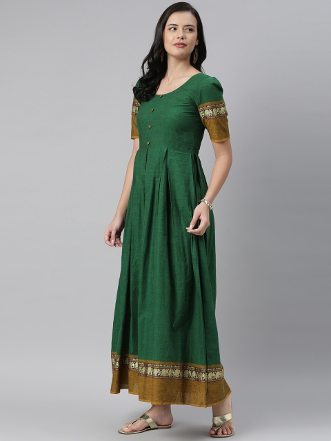 

Swishchick Women Green Solid Pleated Handloom Cotton Maxi Dress