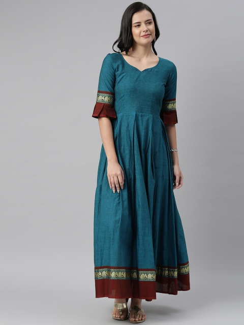 

Swishchick Women Teal Blue Solid Pleated Handloom Cotton Maxi Dress