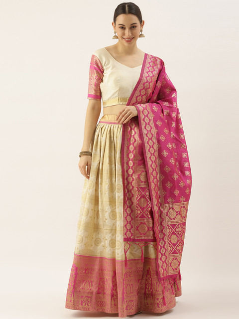 

LOOKNBOOK ART Cream & Gold-Toned Semi-Stitched Lehenga & Unstitched Blouse With Dupatta