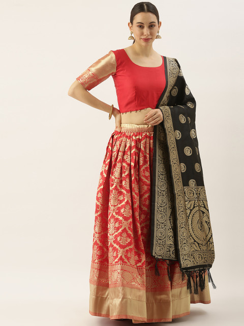 

LOOKNBOOK ART Red & Gold-Toned Unstitched Lehenga & Blouse With Dupatta