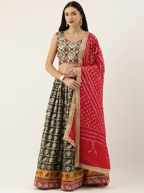 

LOOKNBOOK ART Green & White Printed Semi-Stitched Lehenga & Unstitched Blouse with Dupatta