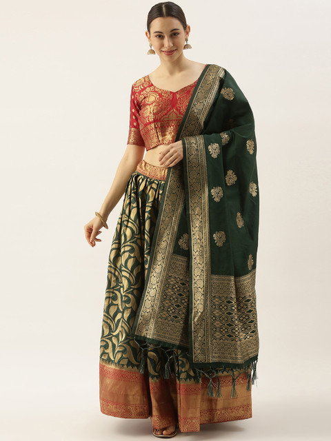 

LOOKNBOOK ART Green & Red Semi-Stitched Lehenga & Unstitched Blouse With Dupatta