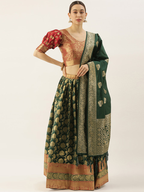 

LOOKNBOOK ART Green & Maroon Unstitched Lehenga & Blouse With Dupatta