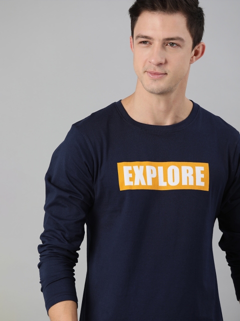 

HERENOW Men Navy Blue Typography Printed Pure Cotton T-shirt