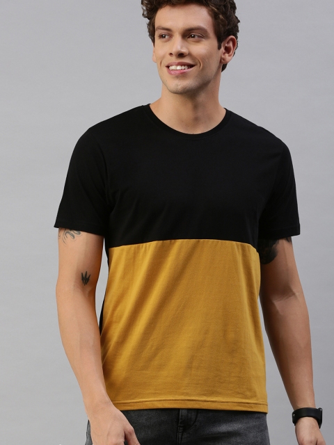 

HERENOW Men Mustard Colourblocked Round Neck Pure Cotton T-shirt