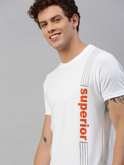 

HERENOW Men White Orange Printed Round Neck Pure Cotton T-shirt