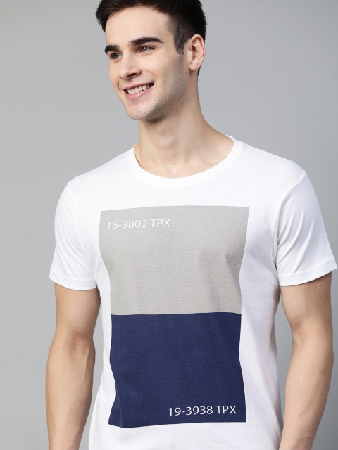

HERE&NOW Men White & Grey Colourblocked Pure Cotton T-shirt