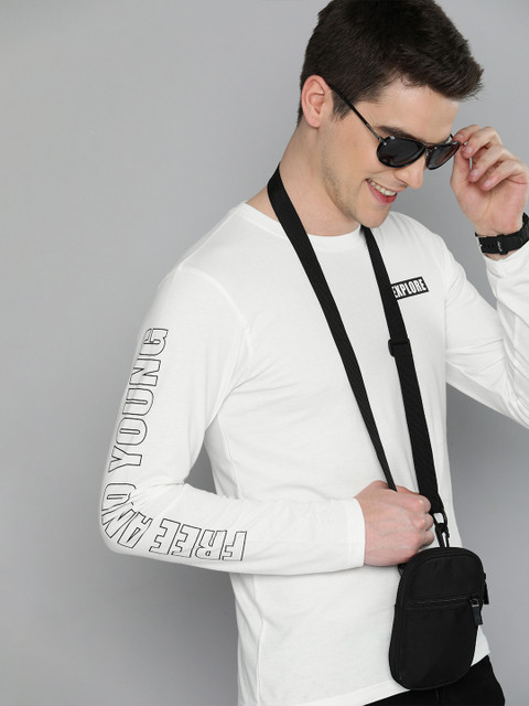 

HERENOW Men White Solid Round Neck Pure Cotton T-shirt with Printed Sleeves