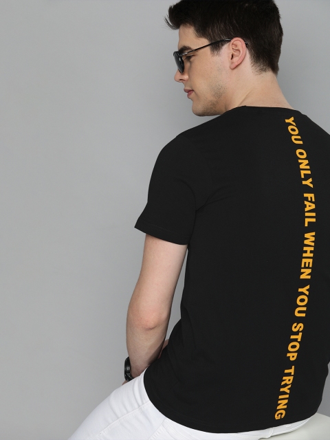 

HERENOW Men Black Back Printed Round Neck Pure Cotton T-shirt
