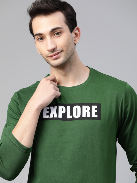 

HERENOW Men Green Typography Printed Pure Cotton T-shirt