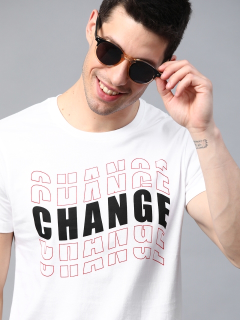 

HERENOW Men White Typography Printed Pure Cotton T-shirt