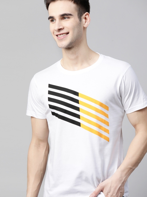 

HERE&NOW Men White Pure Cotton Striped T-shirt