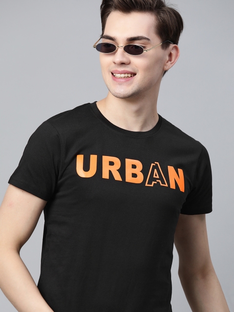 

HERE&NOW Men Black & Orange Pure Cotton Printed T-shirt