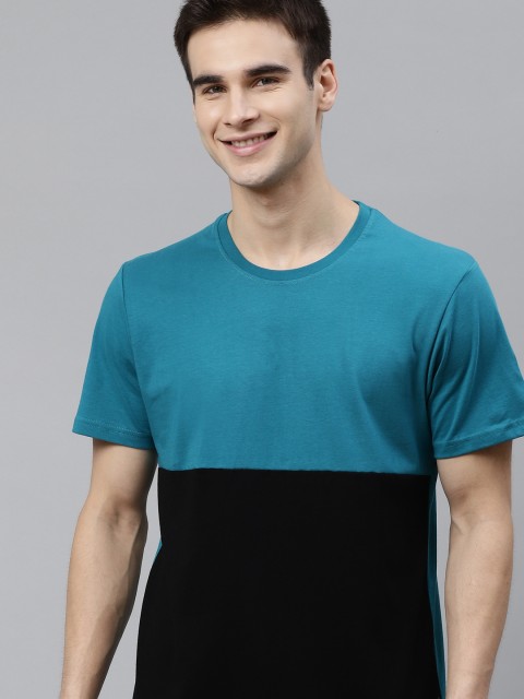 

HERE&NOW Men Teal Blue & Black Cotton Colourblocked Round Neck T-shirt
