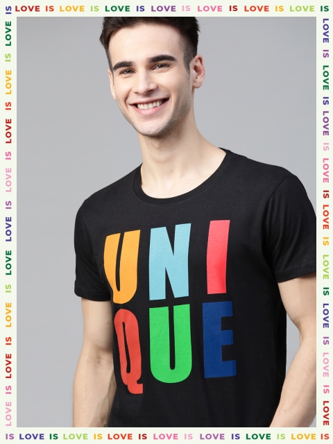 

HERE&NOW Men Black & Blue Typography Printed Pure Cotton T-shirt