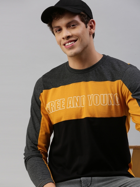 

HERE&NOW Men Black & Mustard Yellow Colourblocked Round Neck T-shirt