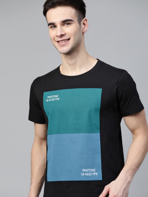 

HERE&NOW Men Black & Blue Colourblocked Pure Cotton T-shirt