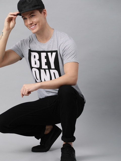 

HERE&NOW Men Grey Melange Typography Printed T-shirt