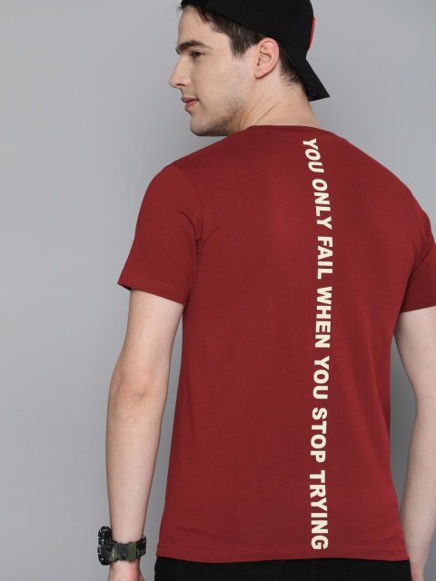 

HERENOW Men Maroon Back Printed Round Neck Pure Cotton T-shirt